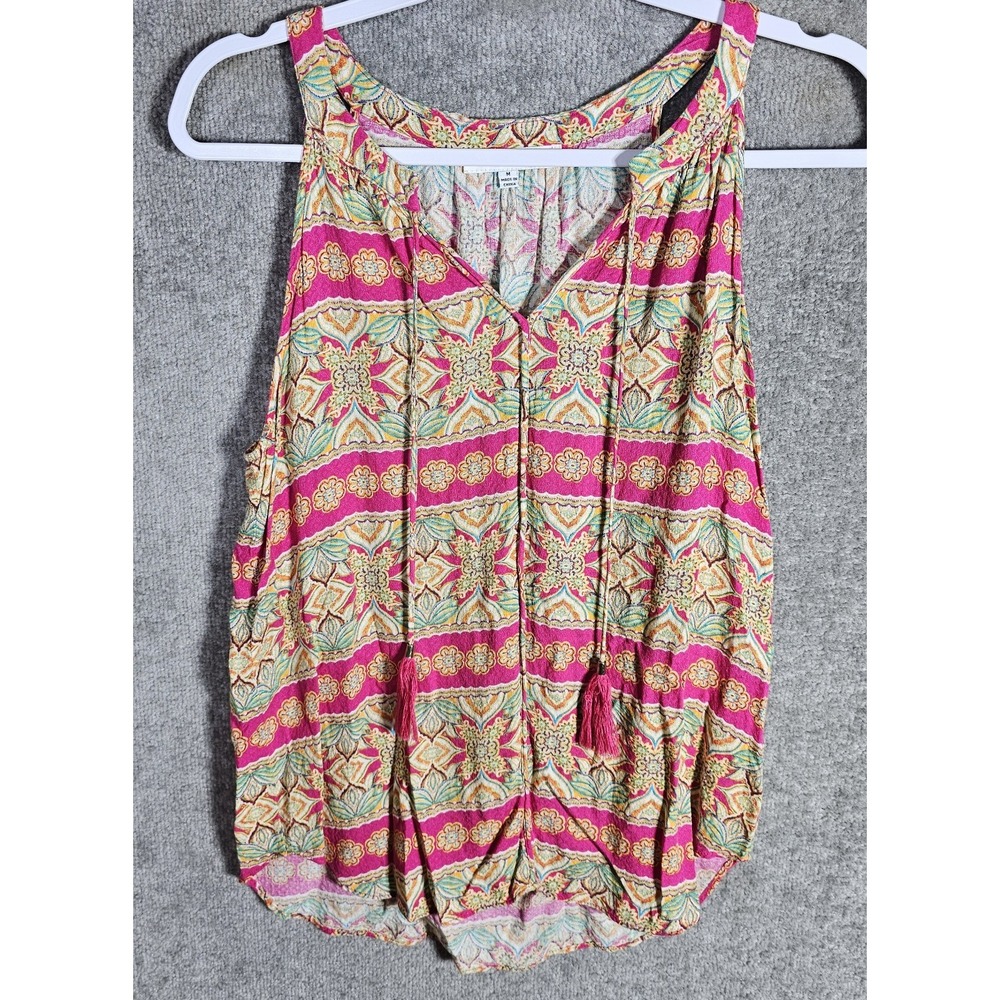 Rose + Olive BOHO Top Womens Size Medium Pink Teal Sleeveless Keyhole Tassel Tie